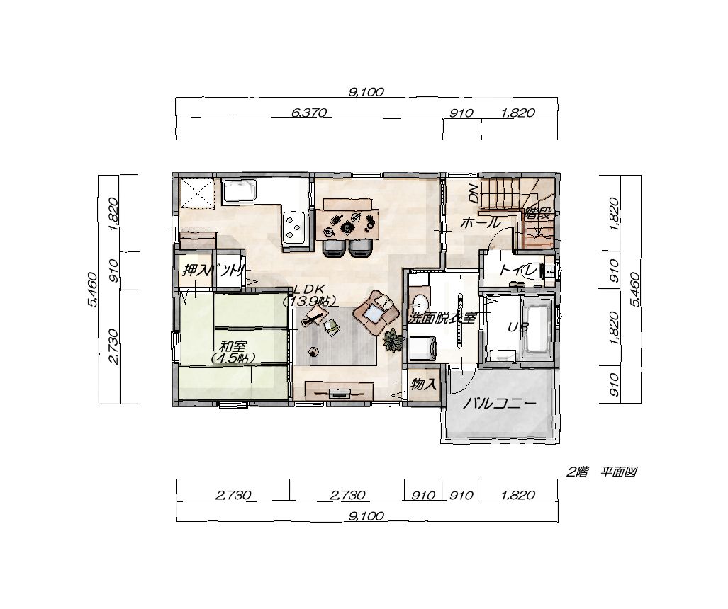 コンパクトな2階リビングのお家｜2階平面図